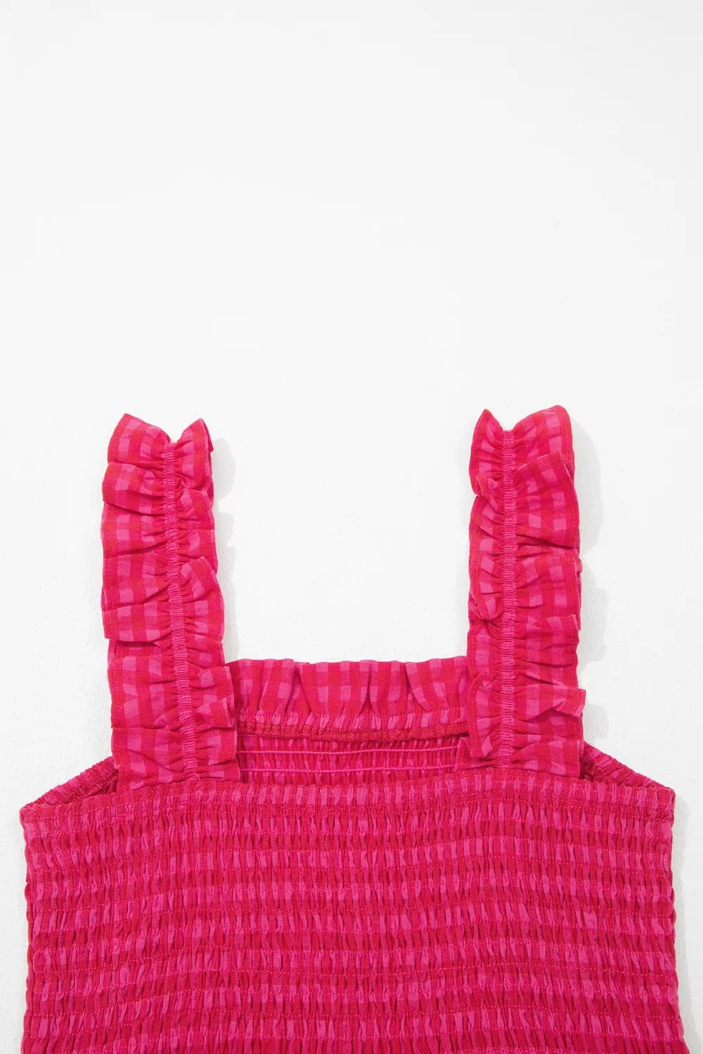 Deep rose smocked bodice with wide ruffle straps detail for square-neck sundress