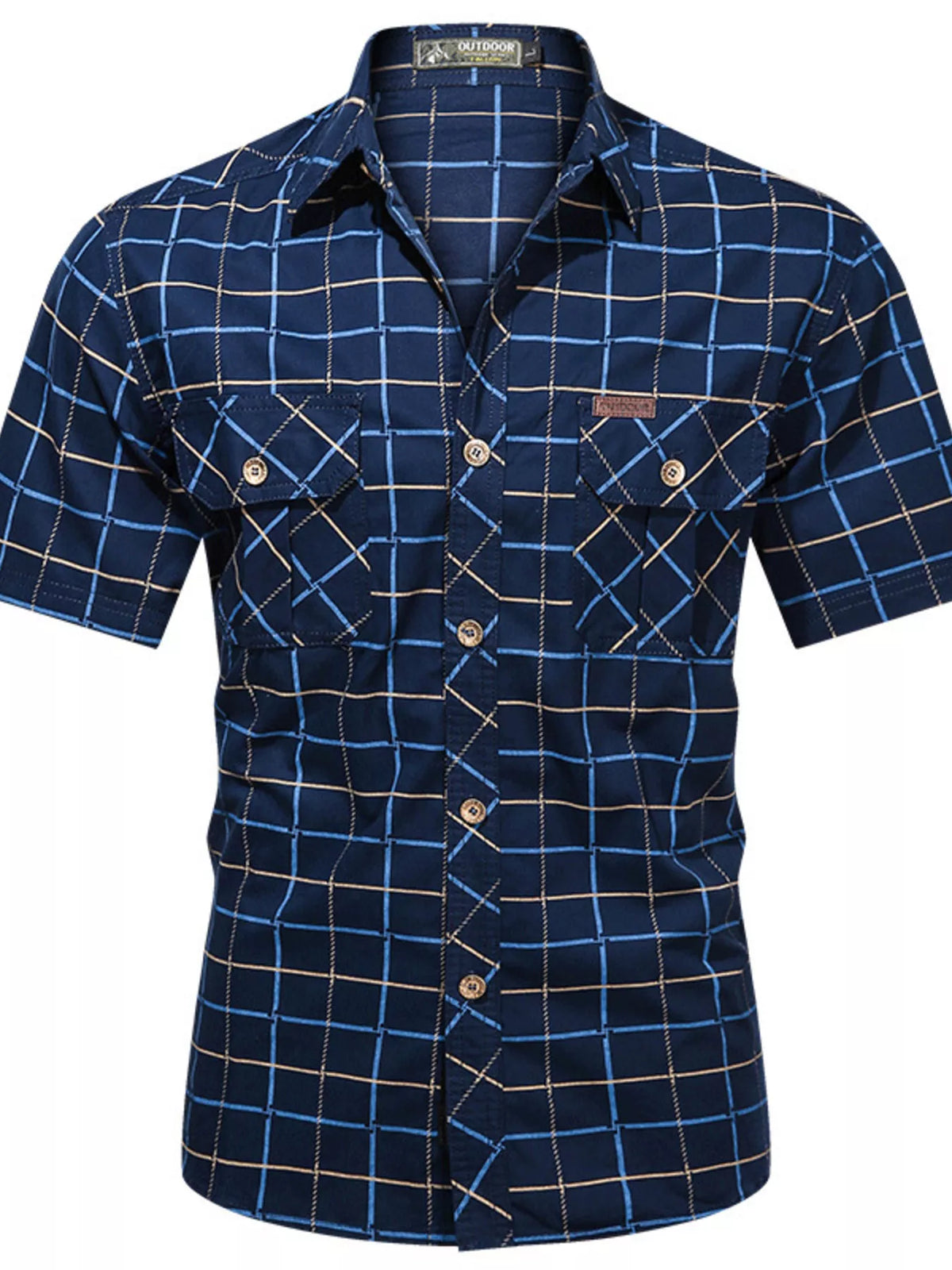 Men's dark navy plaid short-sleeve button-up shirt with chest flap pockets