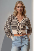 Cropped striped knit cardigan with V-neck trim and front bow, black and cream