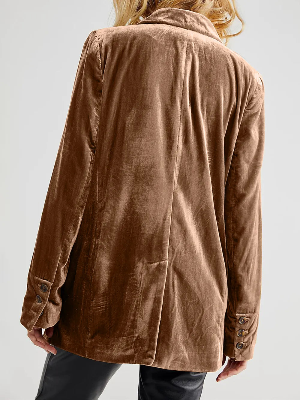 Camel corduroy blazer, back view with button cuffs and patch pocket detailing