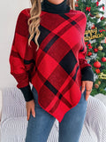 Plaid turtleneck batwing sweater in deep red with black plaid, long sleeves and high collar.
