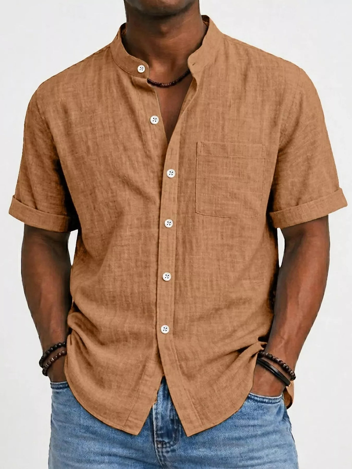 Men's short-sleeve button-up cotton shirt in ginger brown, chest pocket