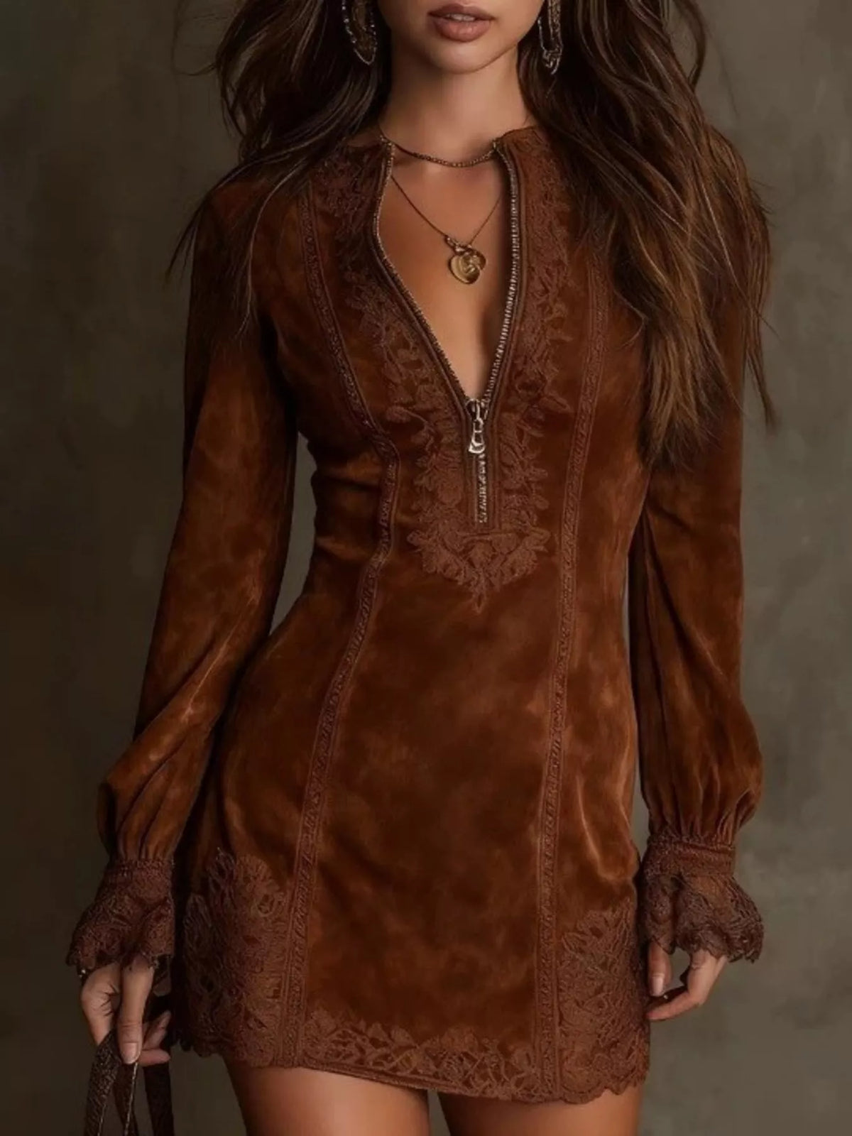 Women’s dark brown zip-front lace mini dress with long puff sleeves and lace trim
