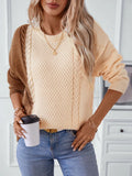 Two-tone cable knit round-neck sweater with cream front and caramel sleeves, long sleeves