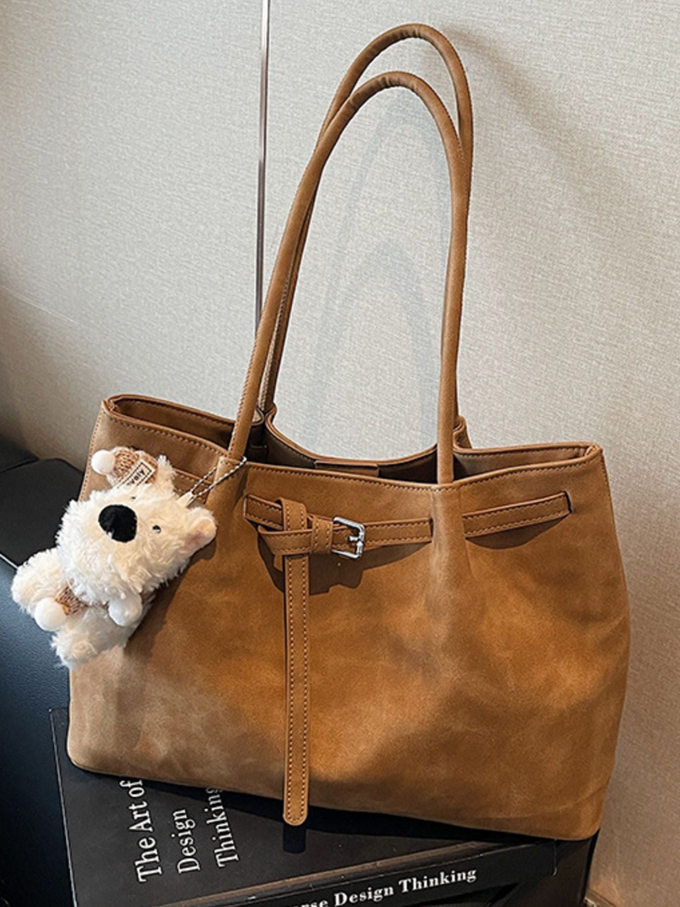 Buckle detail shoulder bag in tan PU with long dual handles, medium size