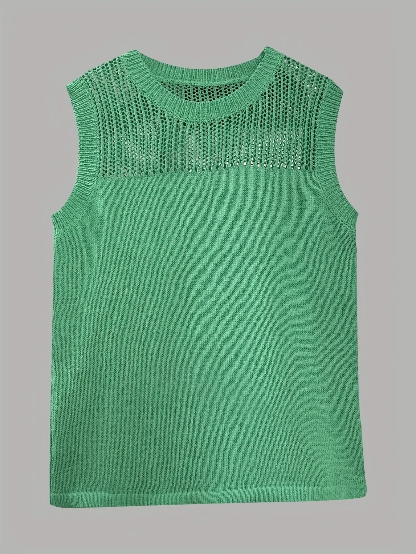 Green openwork round neck sleeveless sweater vest, flat lay front view