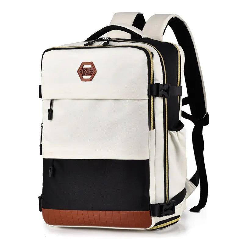 Multi-pocket backpack bag with light gray top, black body, brown bottom; front buckles