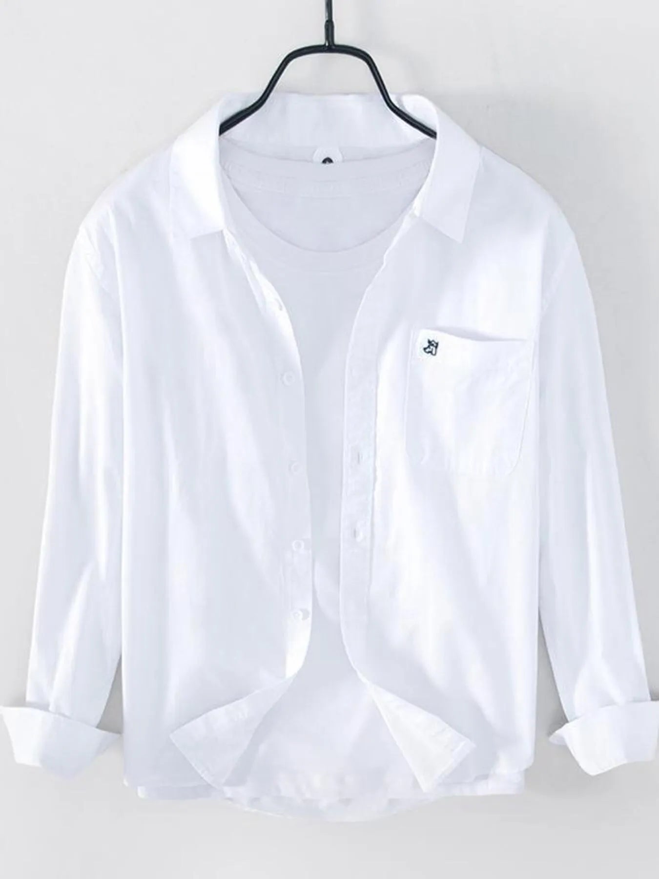 Men's white button-up long sleeve shirt with chest pocket and front buttons