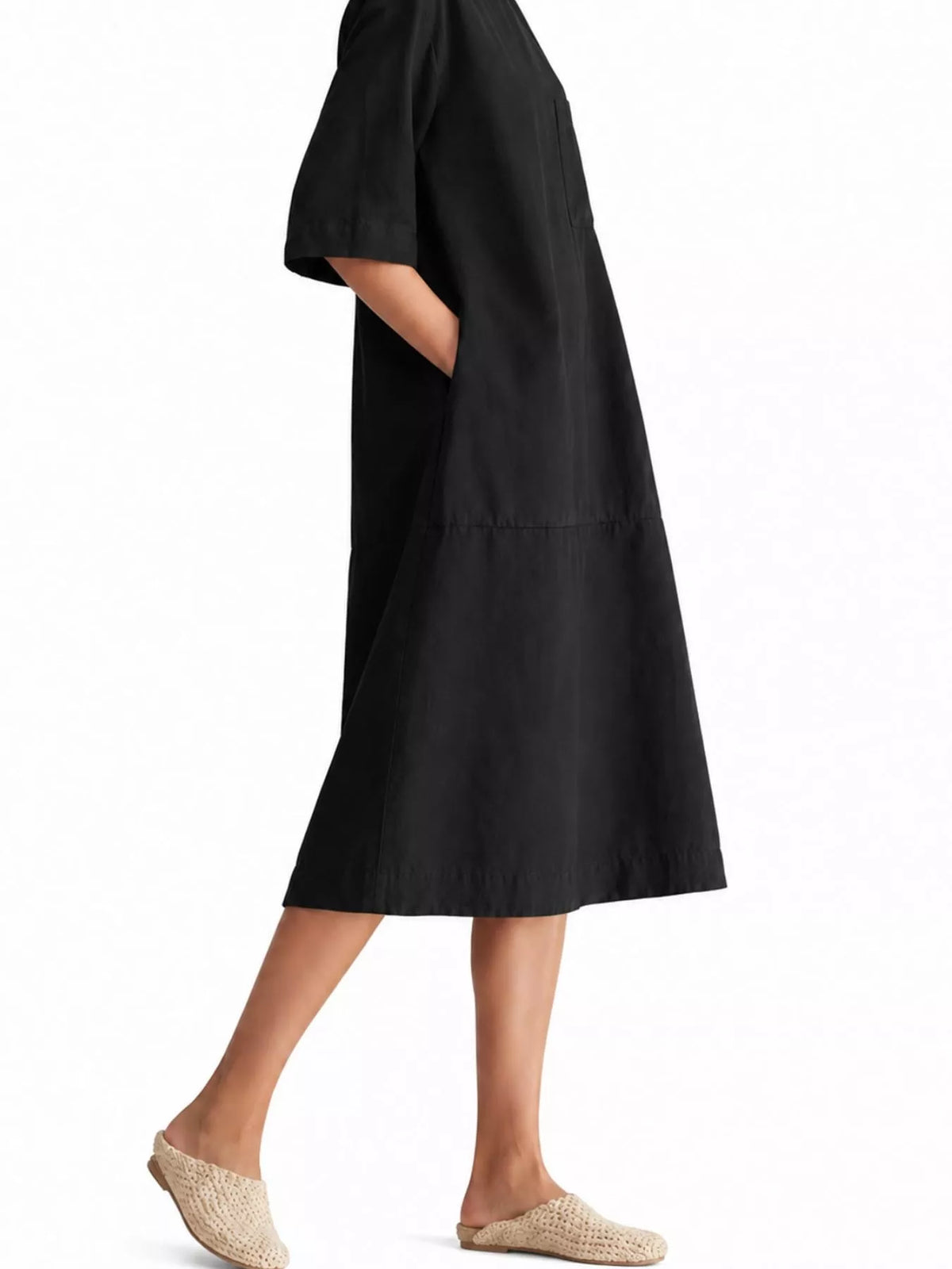 Loose-fit black linen-blend midi dress with short sleeves and a side pocket