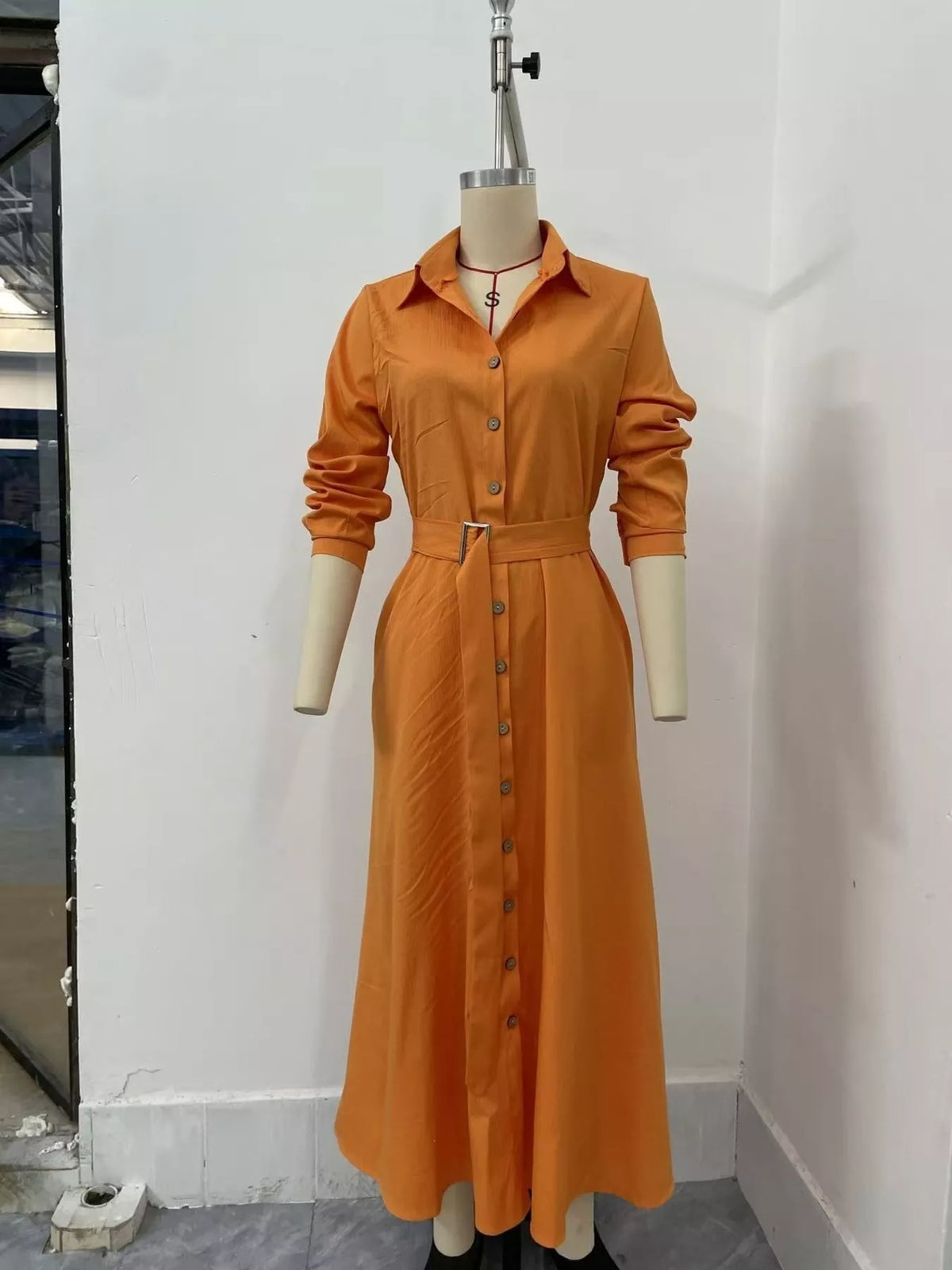 Tangerine belted button-front midi shirt dress with patch pockets