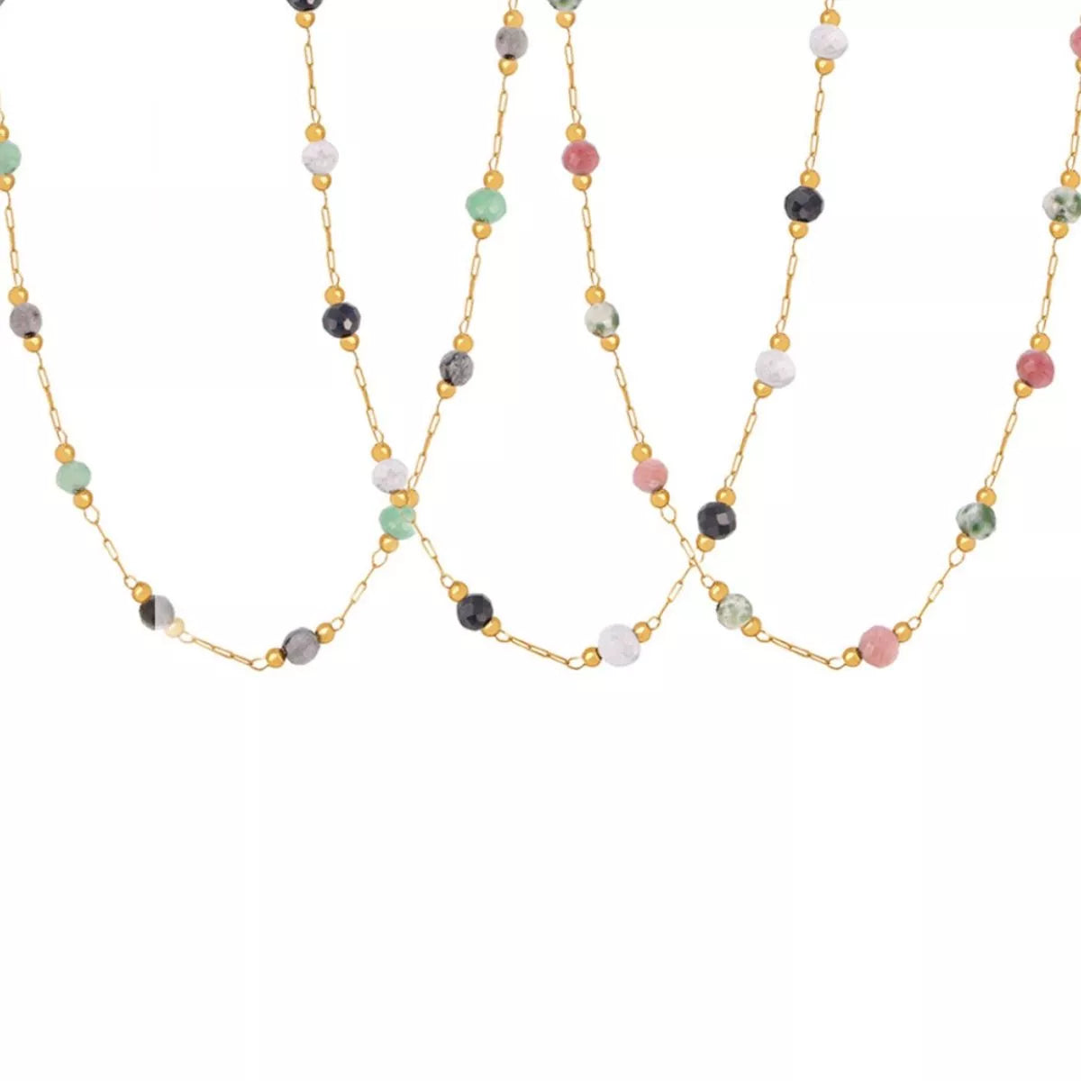Gold beaded necklace featuring multiple strands with multicolor small round beads