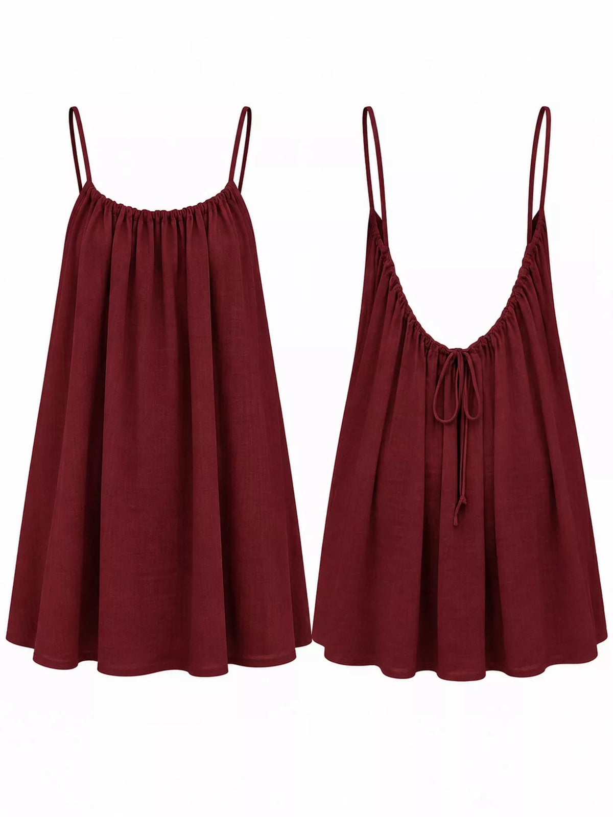 Spaghetti-strap ruched mini dress, burgundy, front and back views with tie-detail back