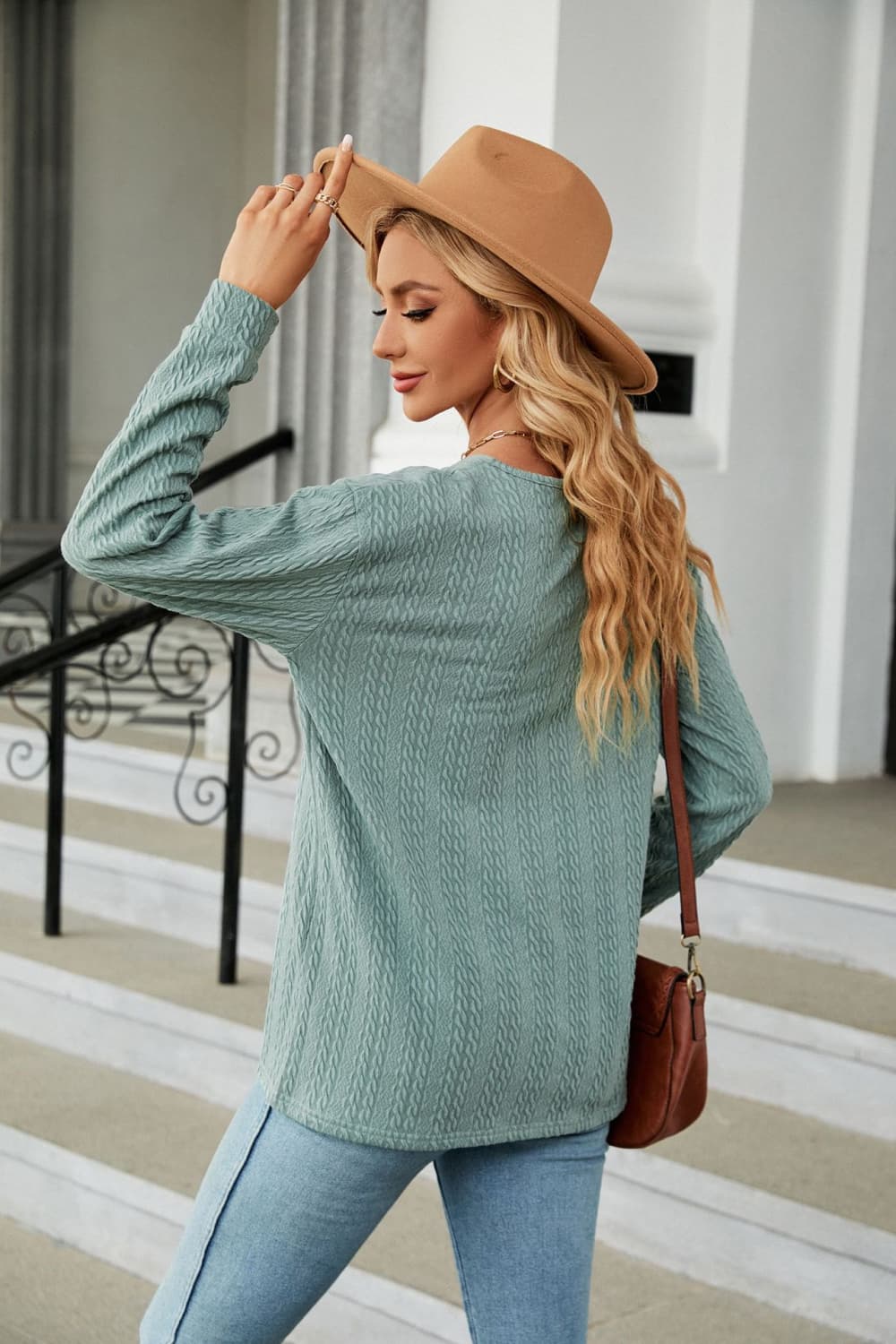 Cedar & Moore Decorative Button V-Neck Long Sleeve Tee in teal knit worn by model