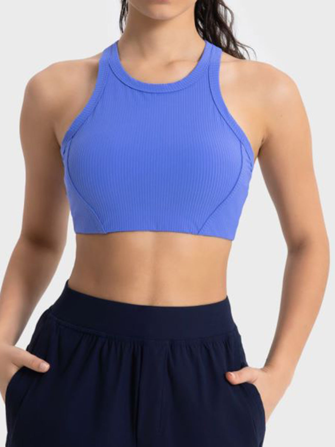 Blue ribbed cropped sport tank with wide straps, high neckline, contoured seams