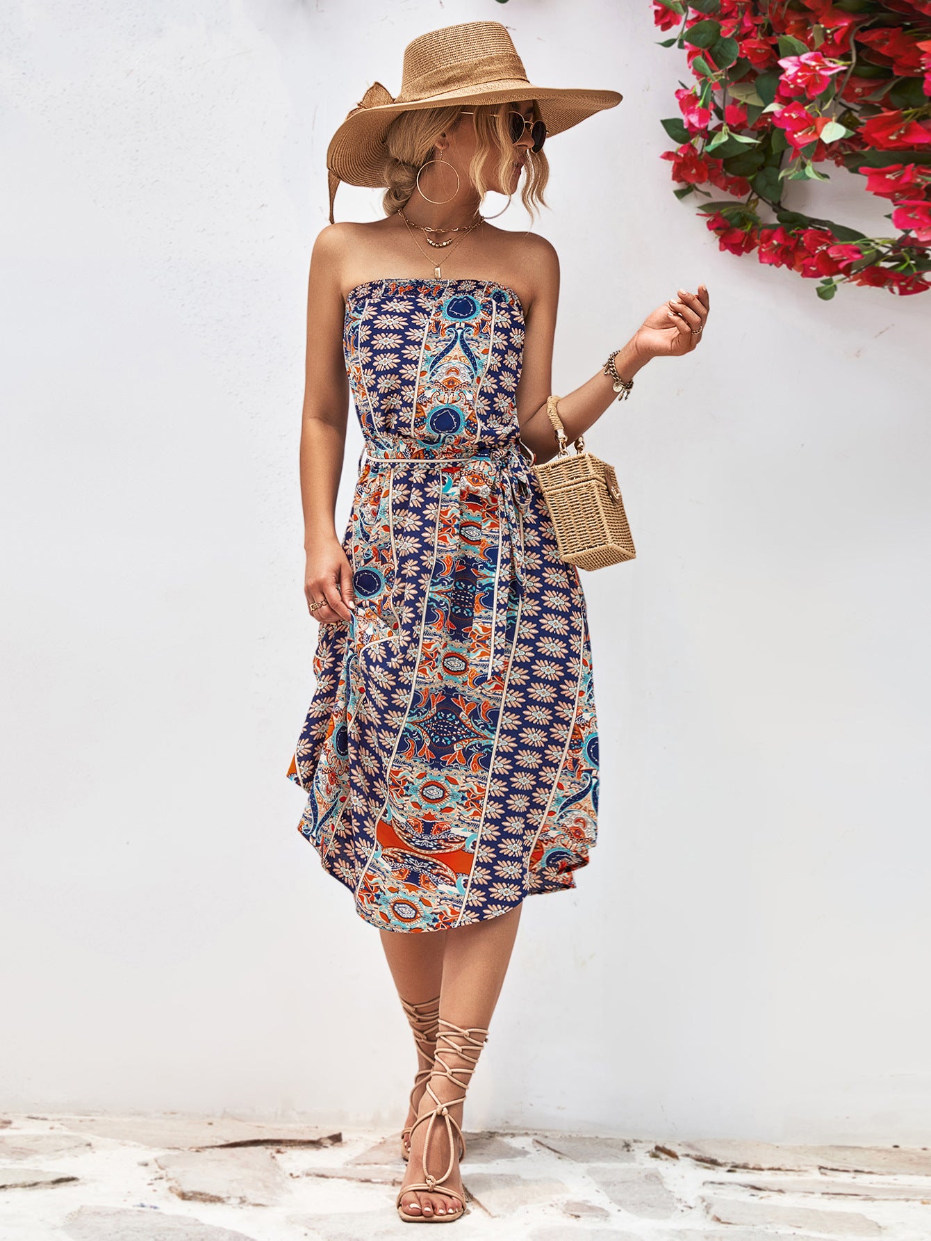 Printed strapless tie belt dress, blue and multicolor medallion print, gathered flared skirt