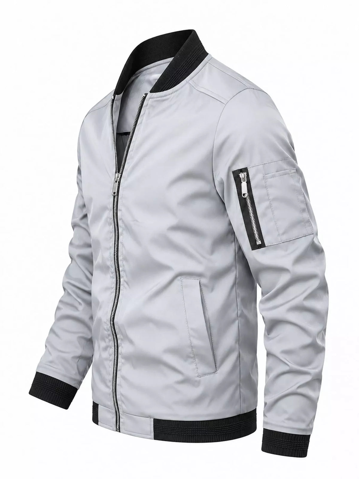 Men's lightweight bomber jacket, light gray side view with sleeve pocket and ribbed hem