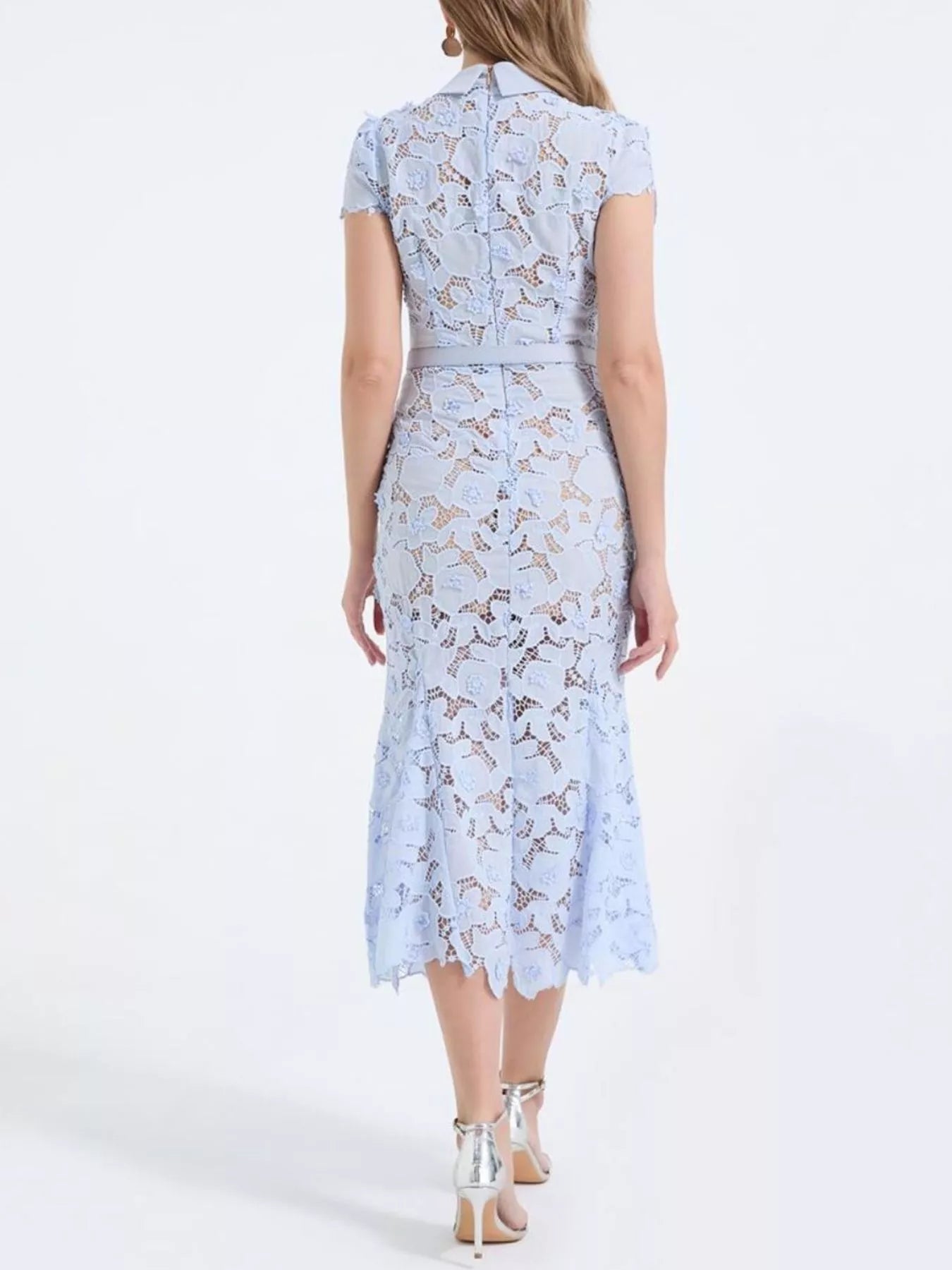 Cedar & Moore Floral Lace Short Sleeve Midi Dress by Trendsi, pale blue with belt and back zipper