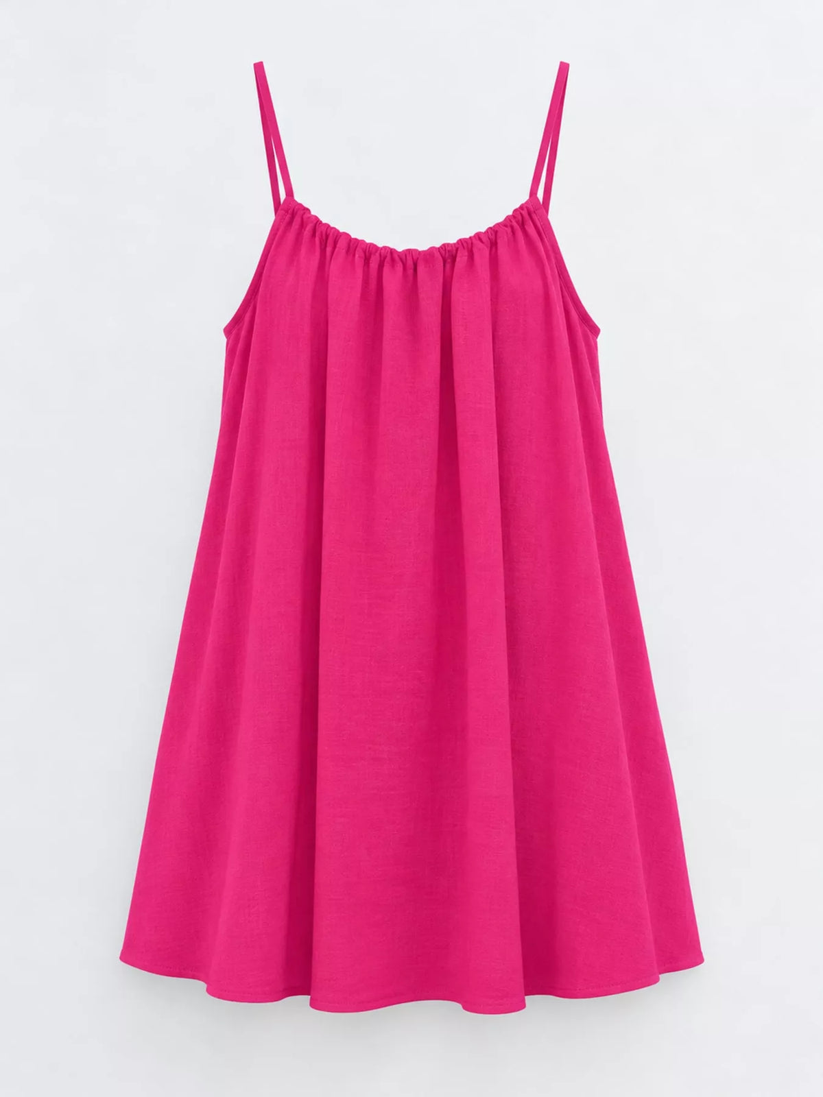 Spaghetti-strap ruched mini dress, hot pink, gathered neckline and flared pleated hem