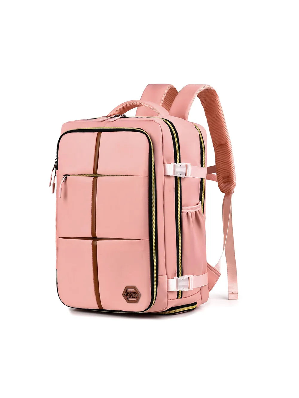 Pale blush multifunction backpack bag with brown grid stripe, front zip pocket and side straps