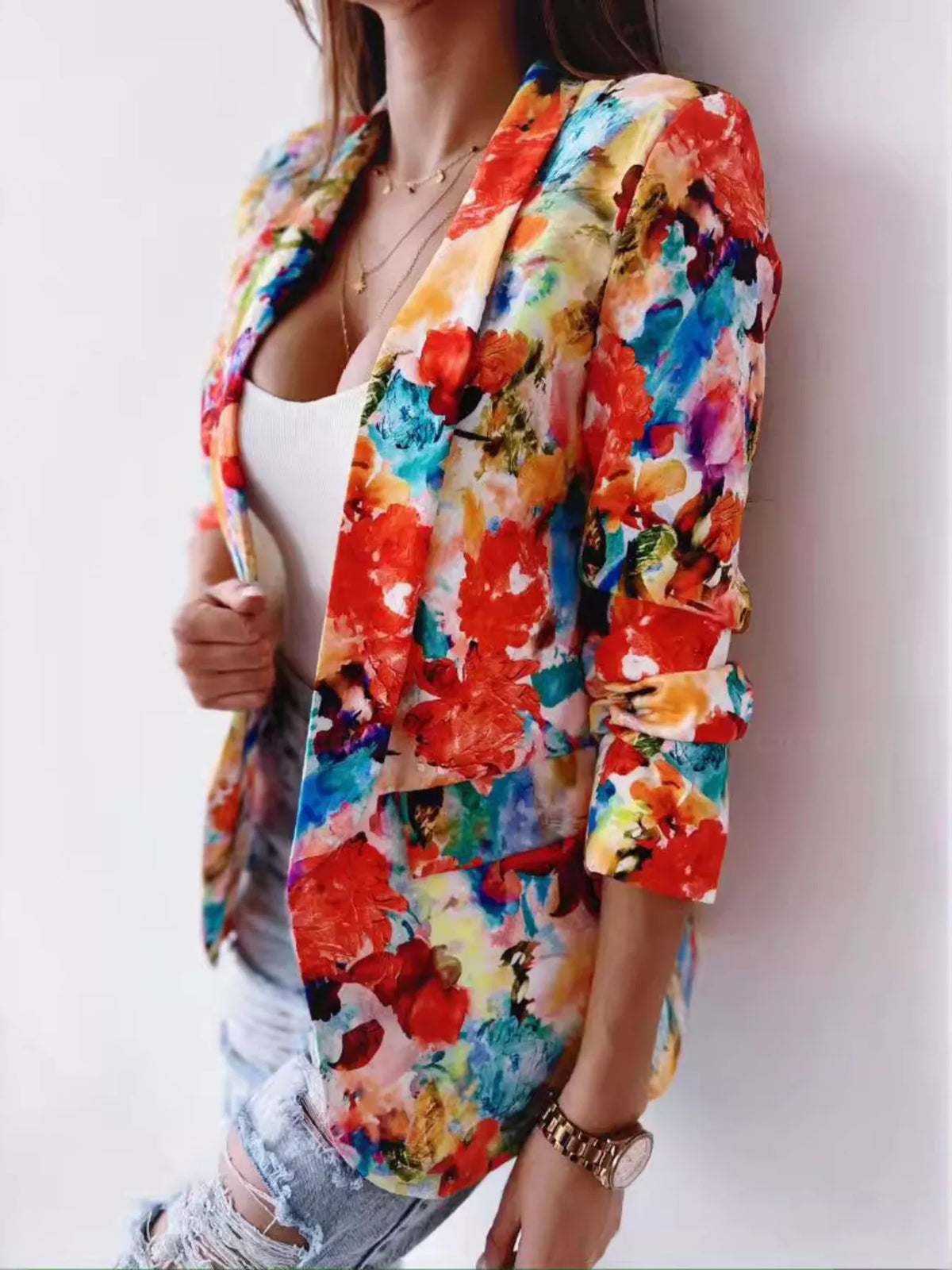 Floral print open-front blazer with patch pockets, red and blue floral print, 3/4 sleeves
