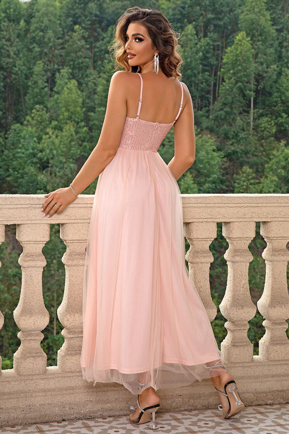 Blush pink mesh spaghetti strap dress with open back, sequined bodice, side slit