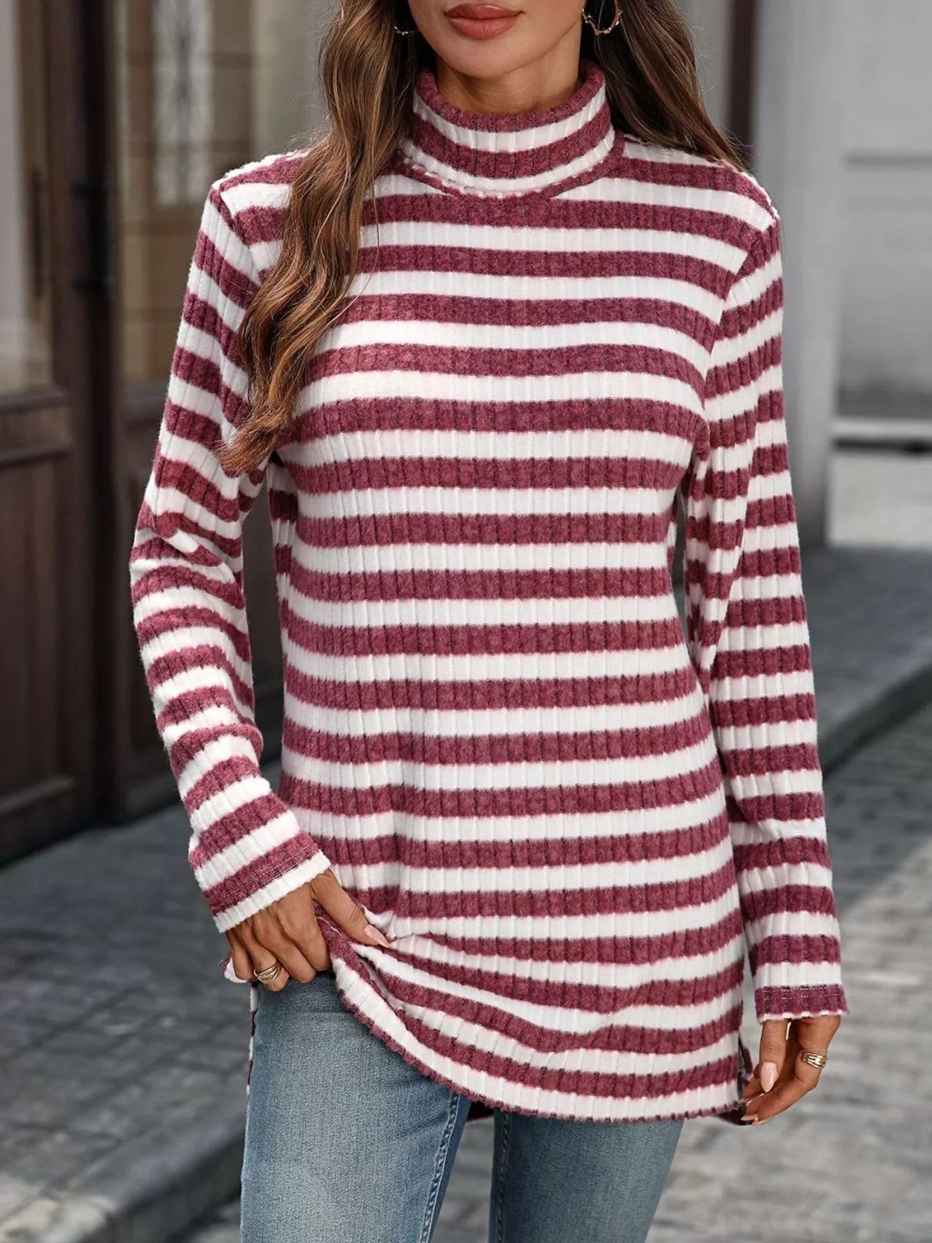 Striped turtleneck long sleeve knit top in white and burgundy, relaxed tunic length