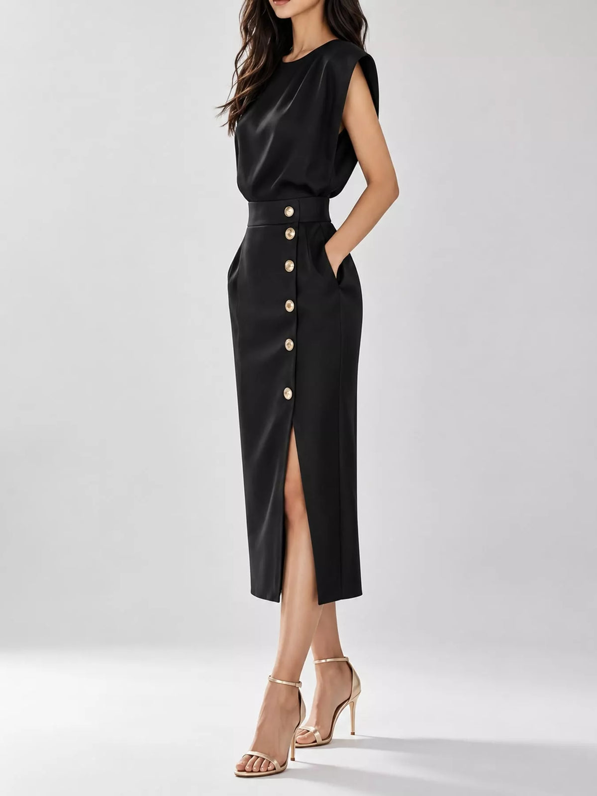 Black sleeveless midi dress with gold button placket and front side slit