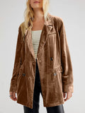 Camel corduroy blazer with notch lapel, long sleeves, and button pockets