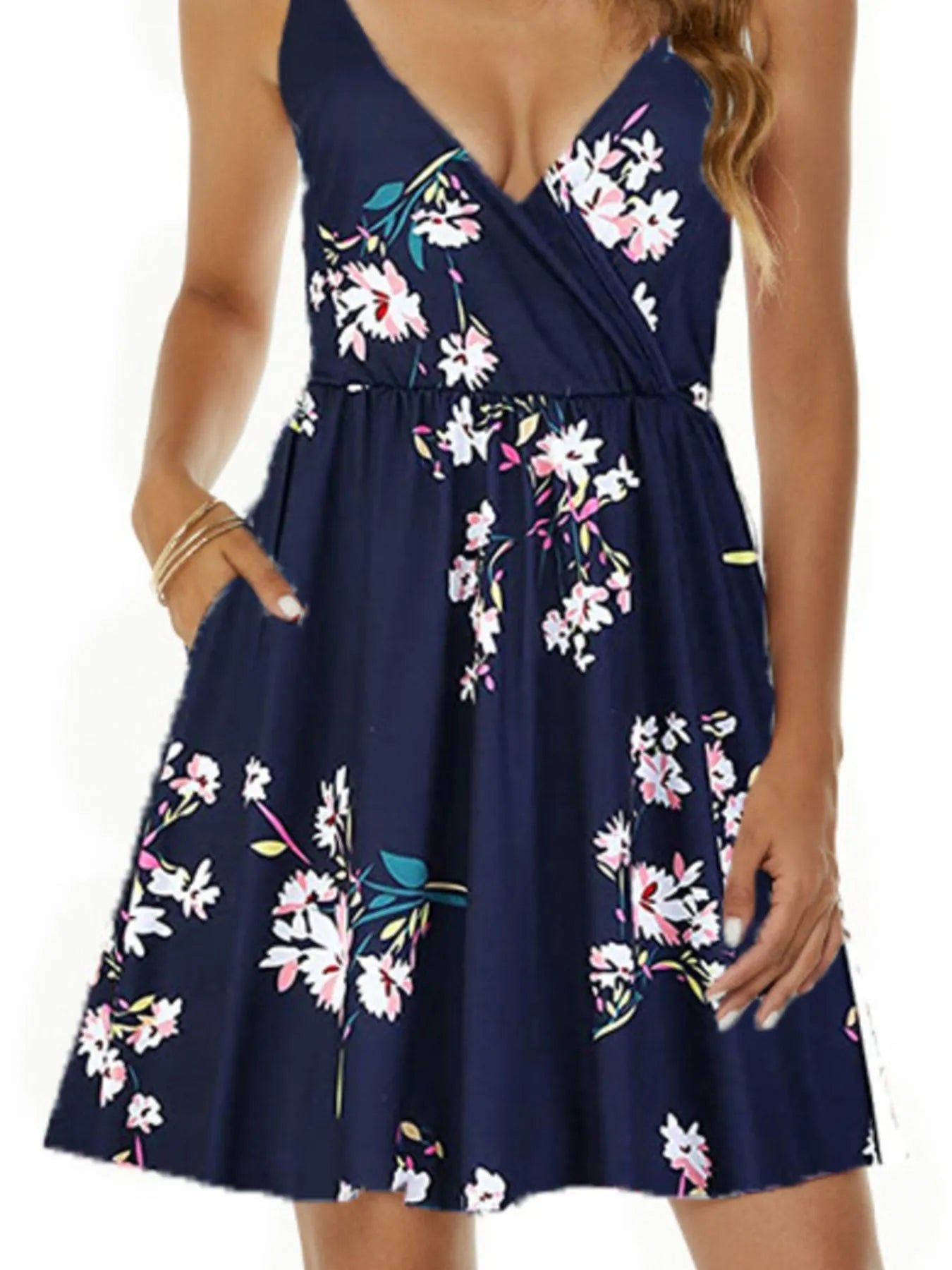 Printed V-Neck Summer Mini Dress by Trendsi, navy floral print with pockets