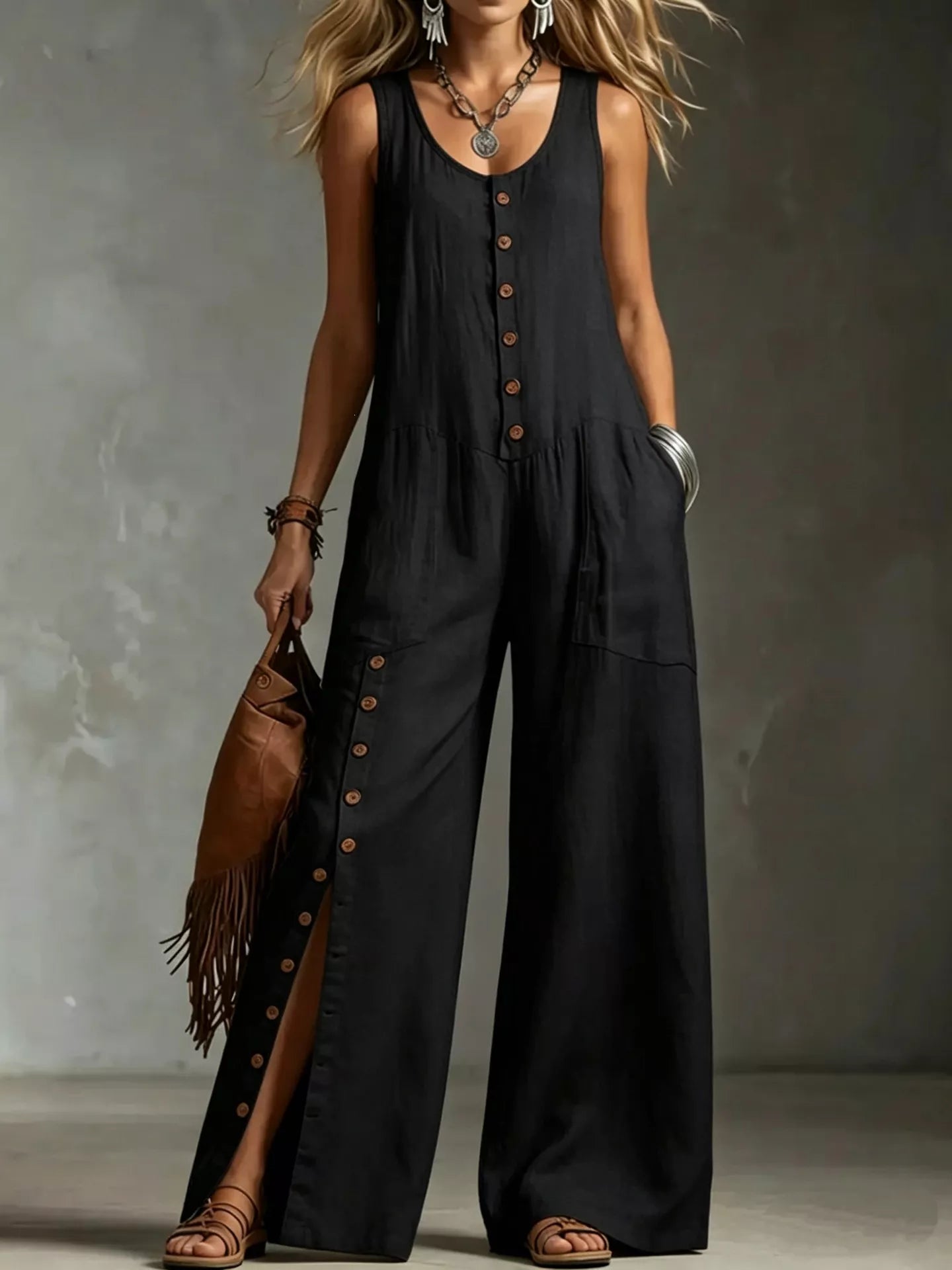 Black sleeveless button-front wide-leg jumpsuit with front button placket and pocket