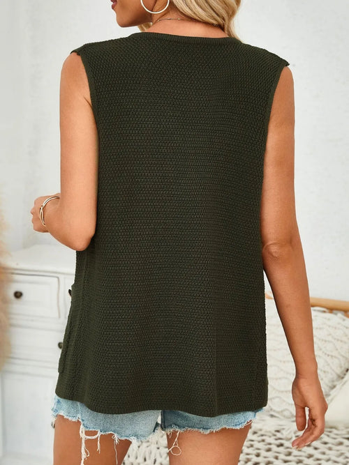 Sleeveless knit vest in dark green, back view with round neckline and full length hem