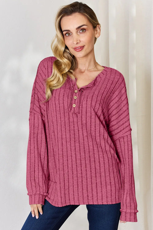 Ribbed half-button long sleeve T-shirt, purple V-neck with front buttons.