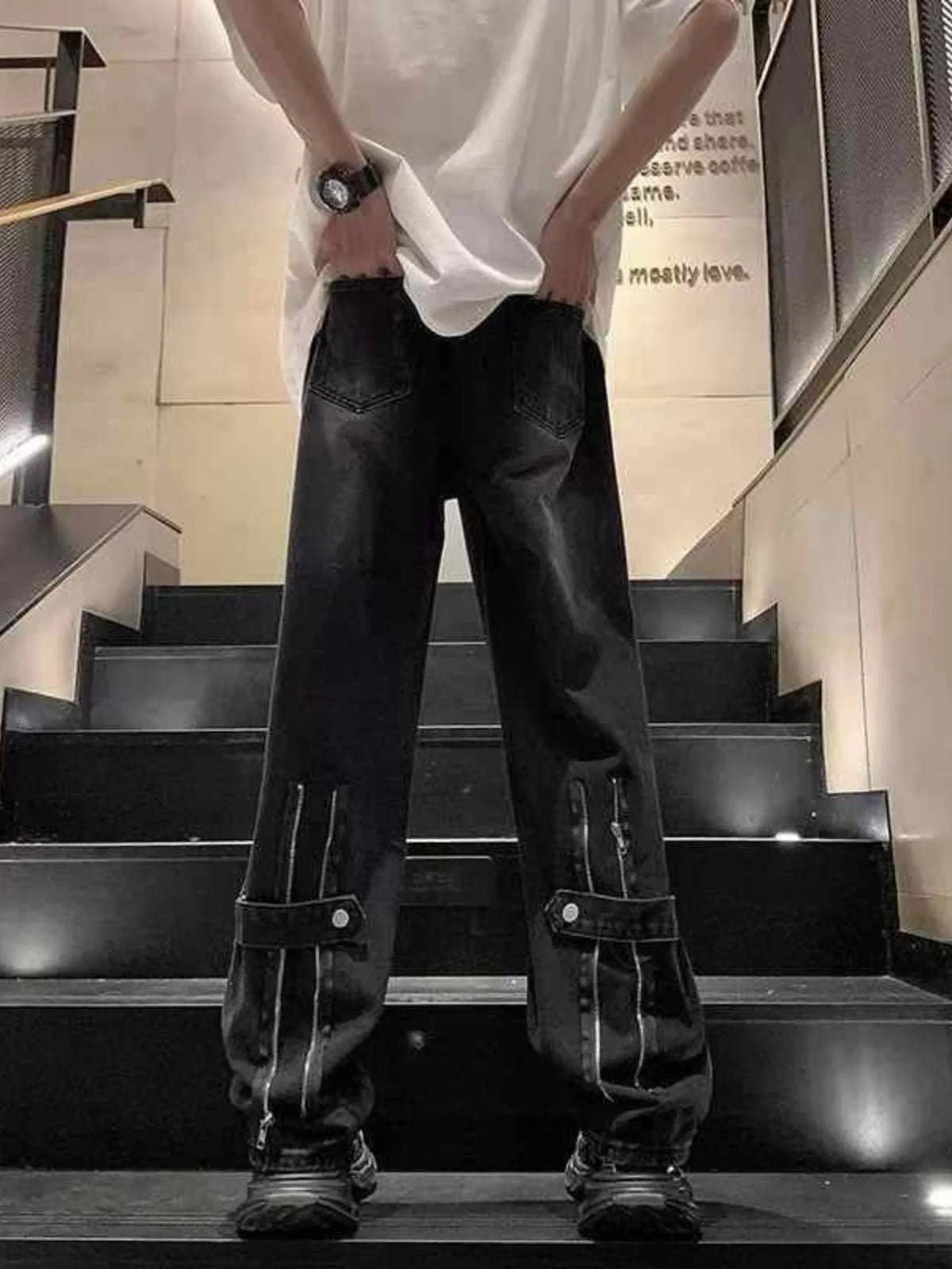 Men's washed wide-leg cotton jeans, black with side utility strap pockets