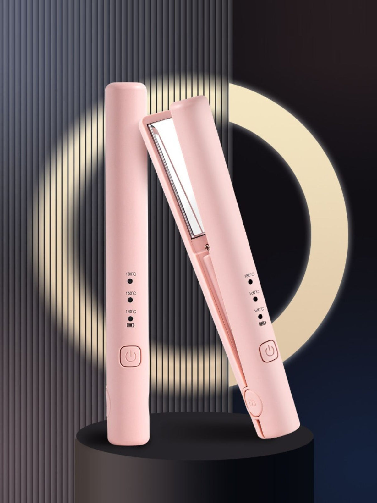 Pink and white cordless rechargeable mini hair straighteners on a stand