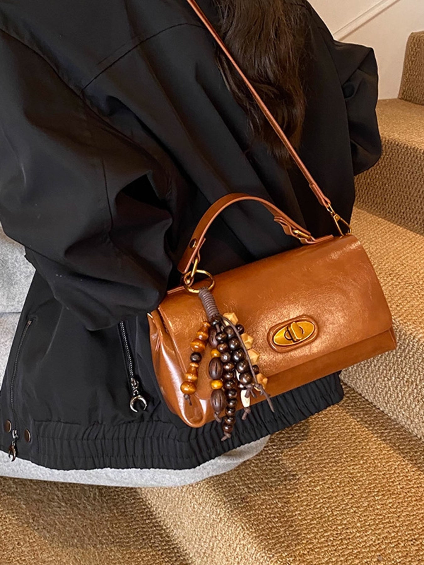 Flap Leather Shoulder Bag, small tan PU with gold hardware and crossbody strap with beaded charm.