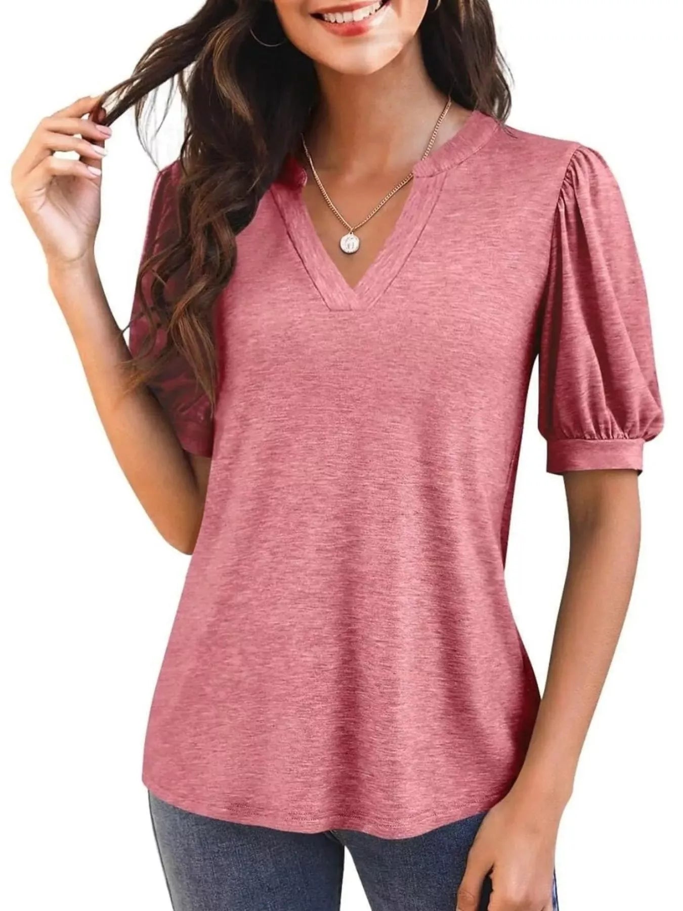 Cedar & Moore Puff Sleeve Notched Casual T-Shirt in pink heather