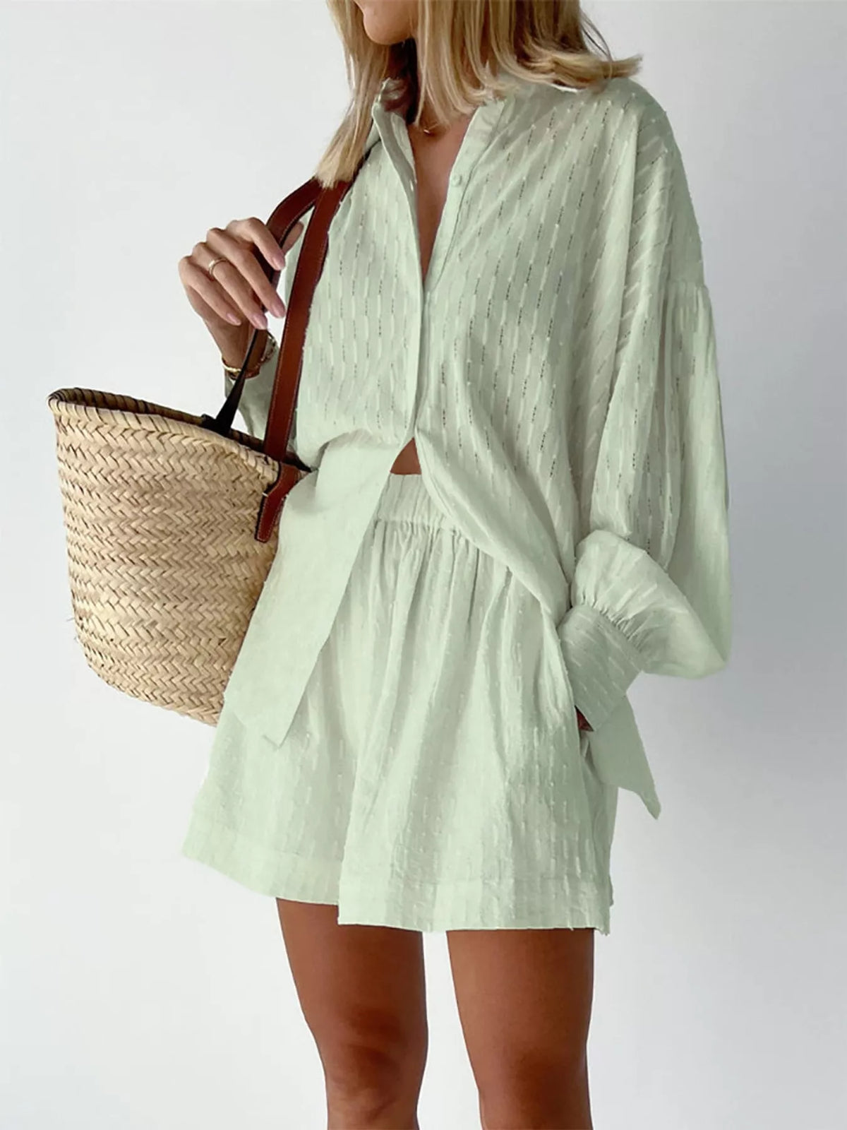 Light mint textured button-down shirt and matching shorts set, long sleeves with bow tie