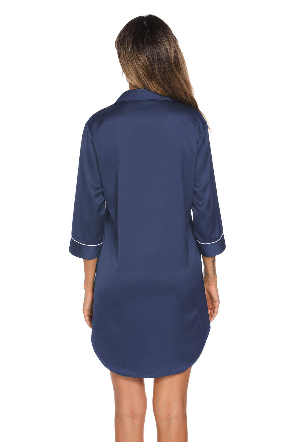 French blue button-up collared night dress, back view, 3/4 sleeves with contrast trim