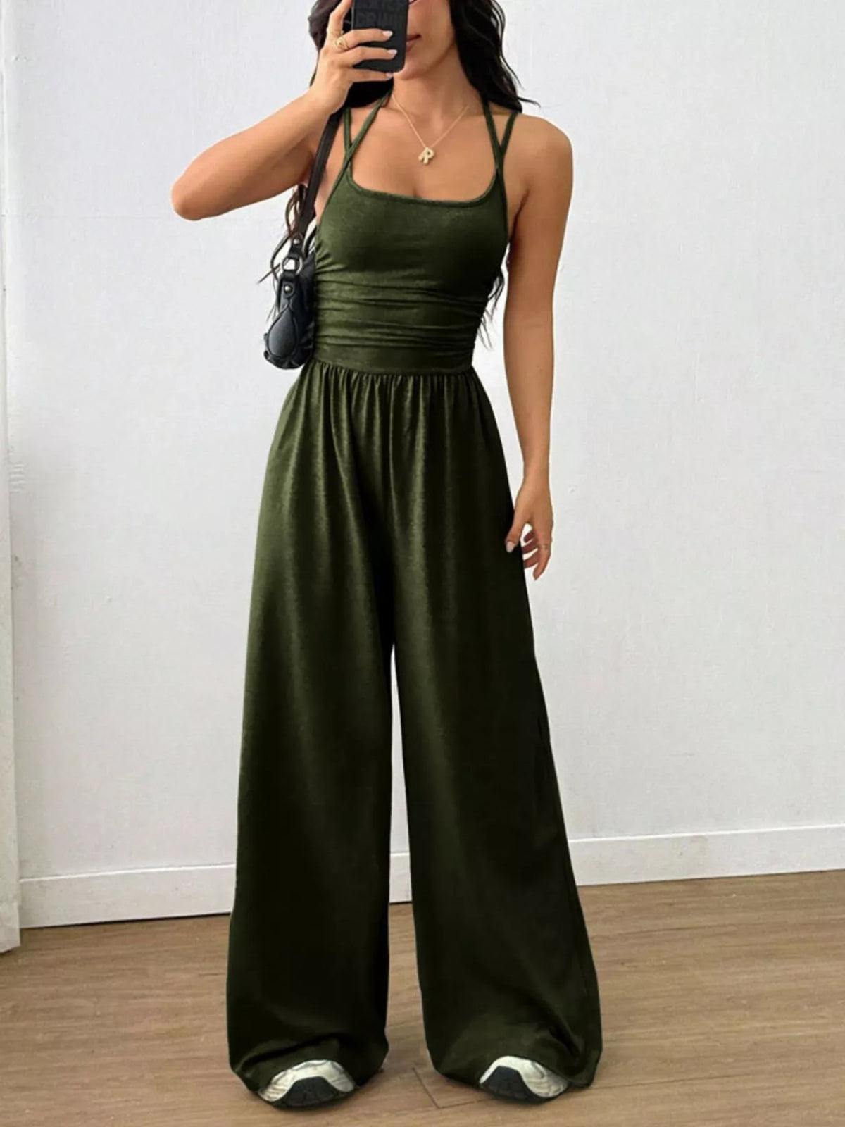 Olive green ruched spaghetti-strap wide-leg jumpsuit with gathered waist