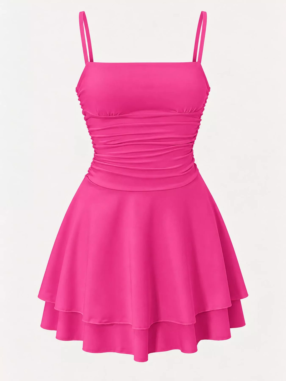 Pink front view of ruched spaghetti strap mini dress with layered flounce hem