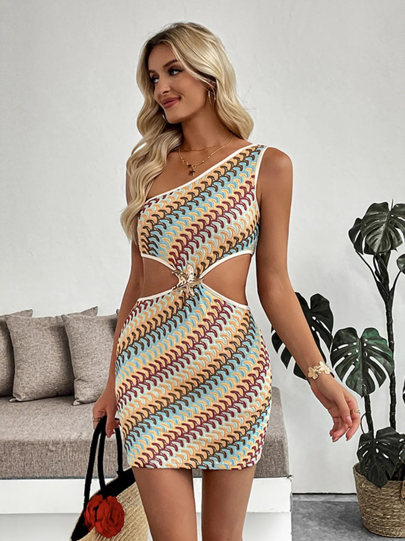 Single Shoulder Cutout Mini Dress with multicolor pattern and waist cutout.