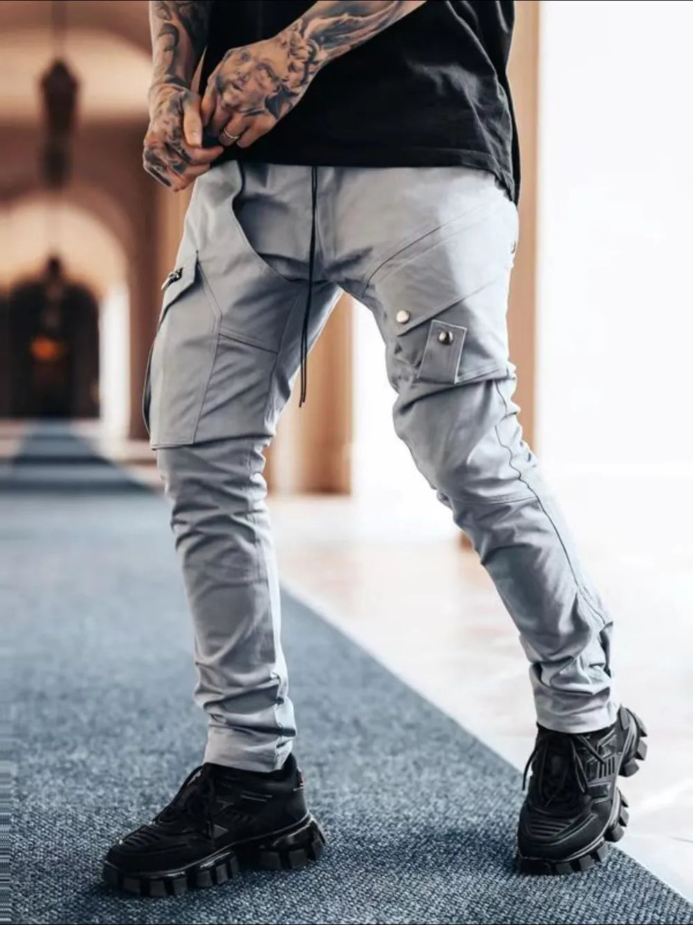Men's plus size cargo pants in light gray with side cargo pockets