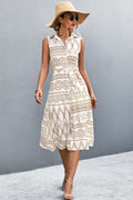 White printed sleeveless collared dress, button-front with tie waist