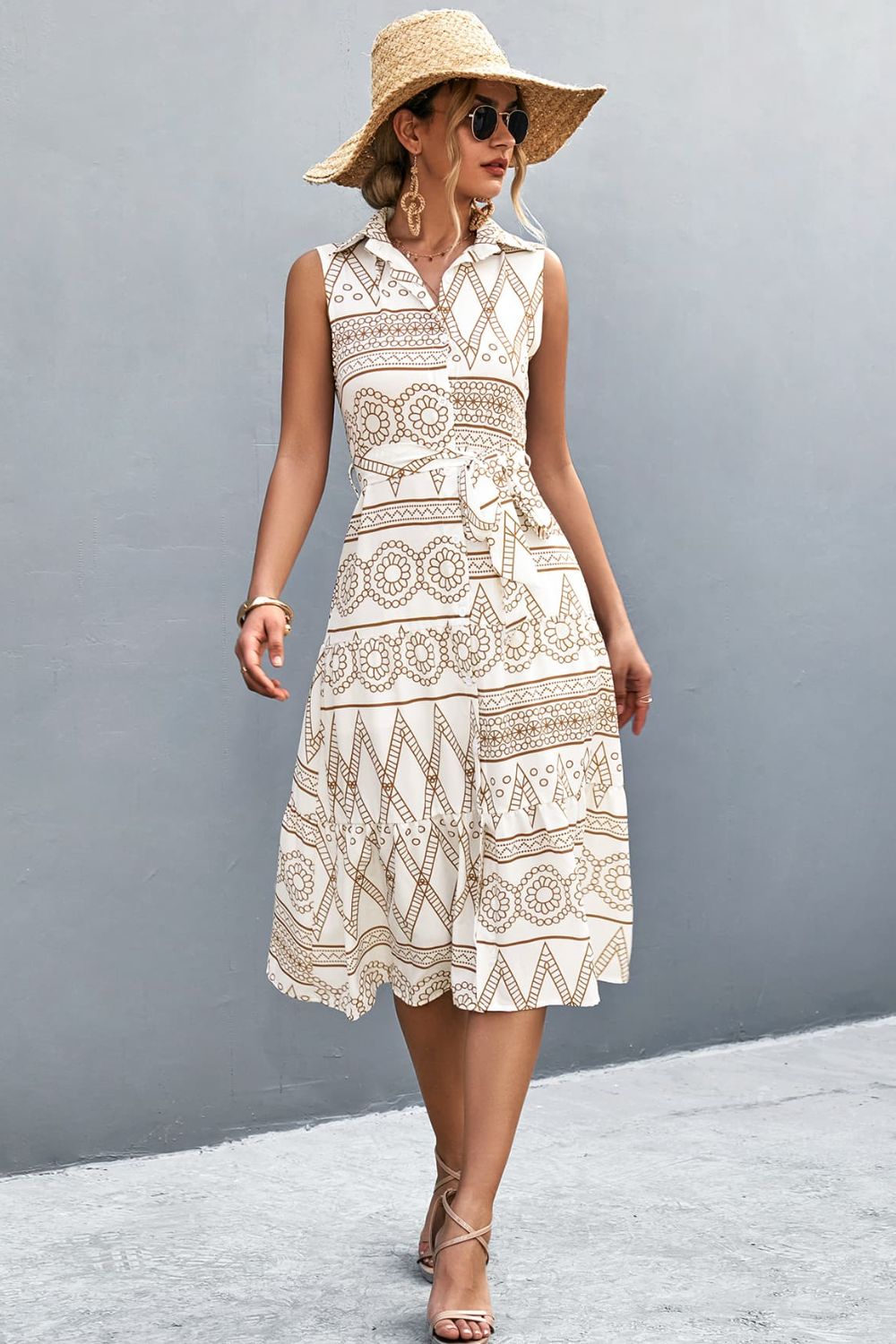 White printed sleeveless collared dress, button-front with tie waist