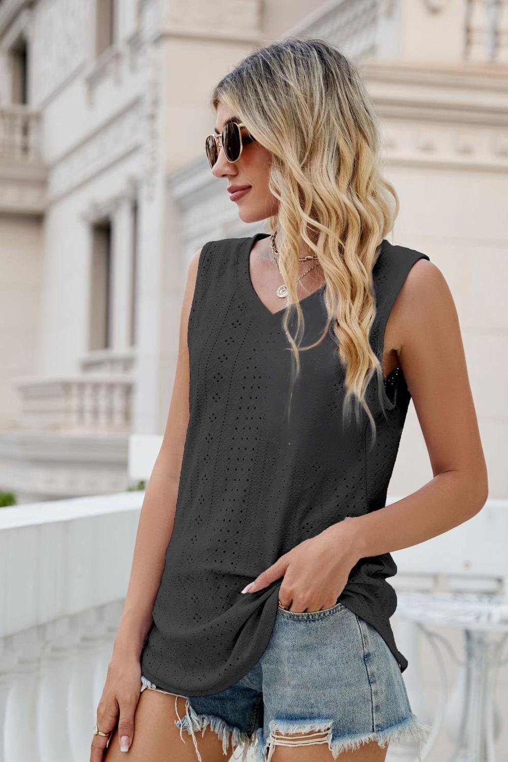 Black eyelet V-neck tank with sleeveless lace cutout pattern