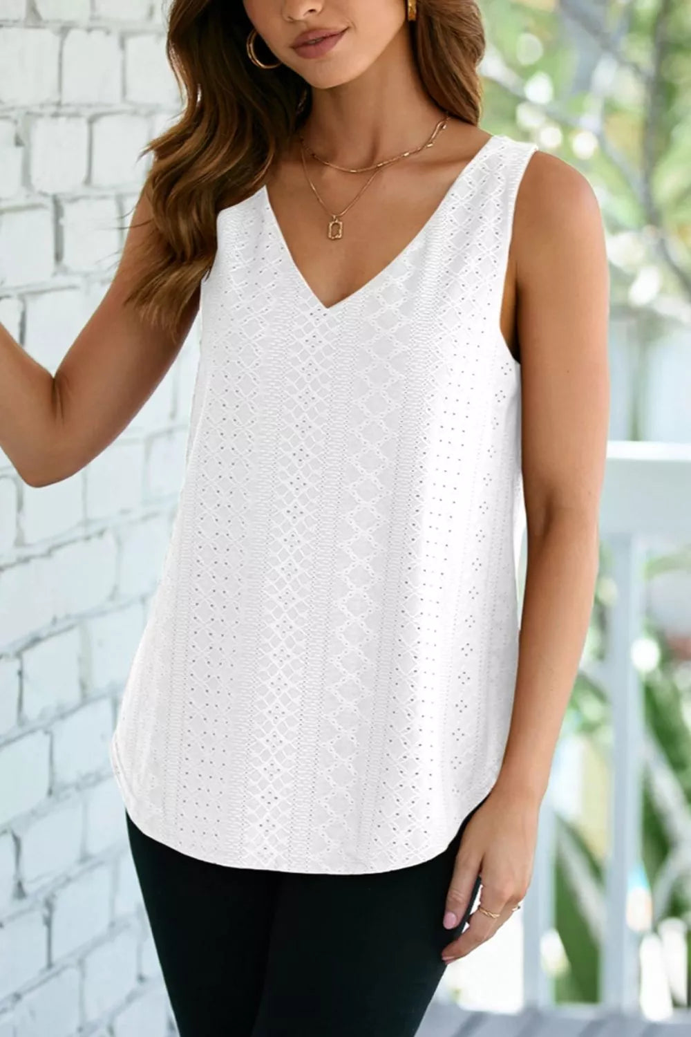 White eyelet knit V-neck loose tank top with fine eyelet stitch texture