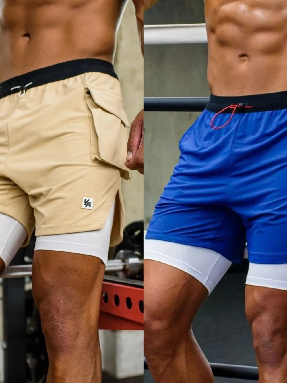 Drawstring shorts in tan and blue with black waistband and side patch logo