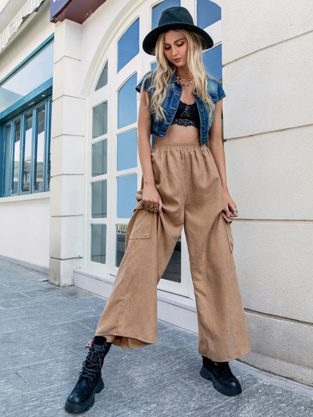 Camel wide-leg elastic waist pants, loose fit with front seam and pockets.