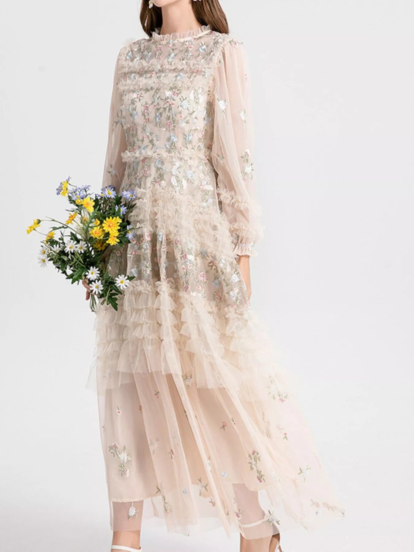 Cedar & Moore Floral Tulle Layered Maxi Dress by Trendsi, blush nude with floral embroidery and lace mesh