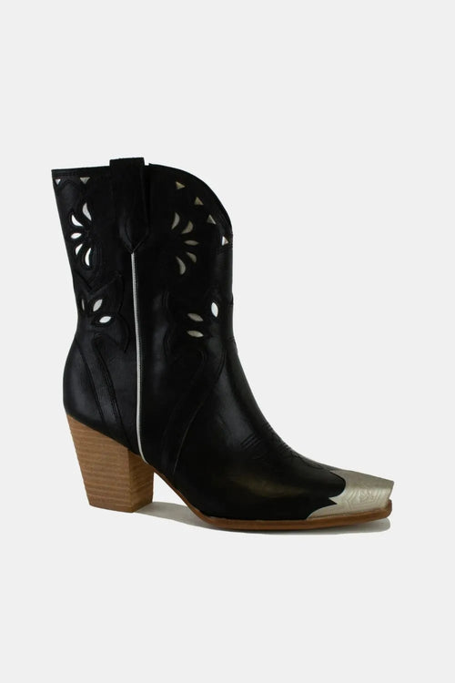 Black ankle boots with cut-out floral embroidery and block heel